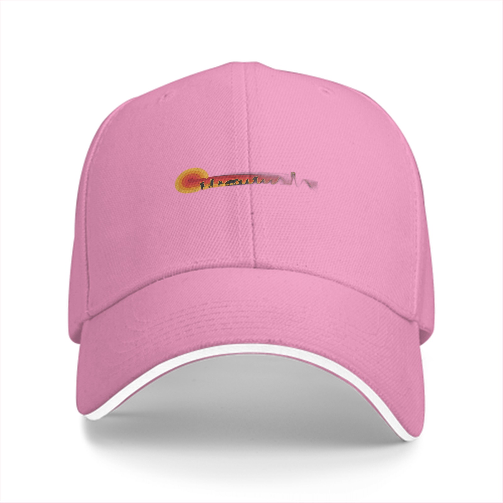 Black Baseball Cap with Sunset Landscape Graphic Design