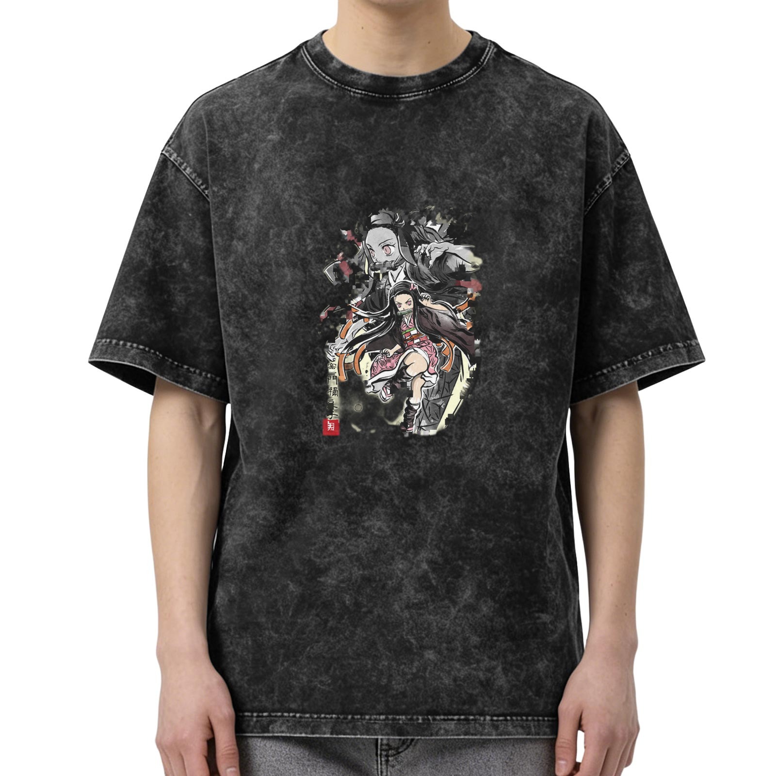 Demon Slayer: Kimetsu no Yaiba Nezuko themed old washed black loose short-sleeved T-shirt