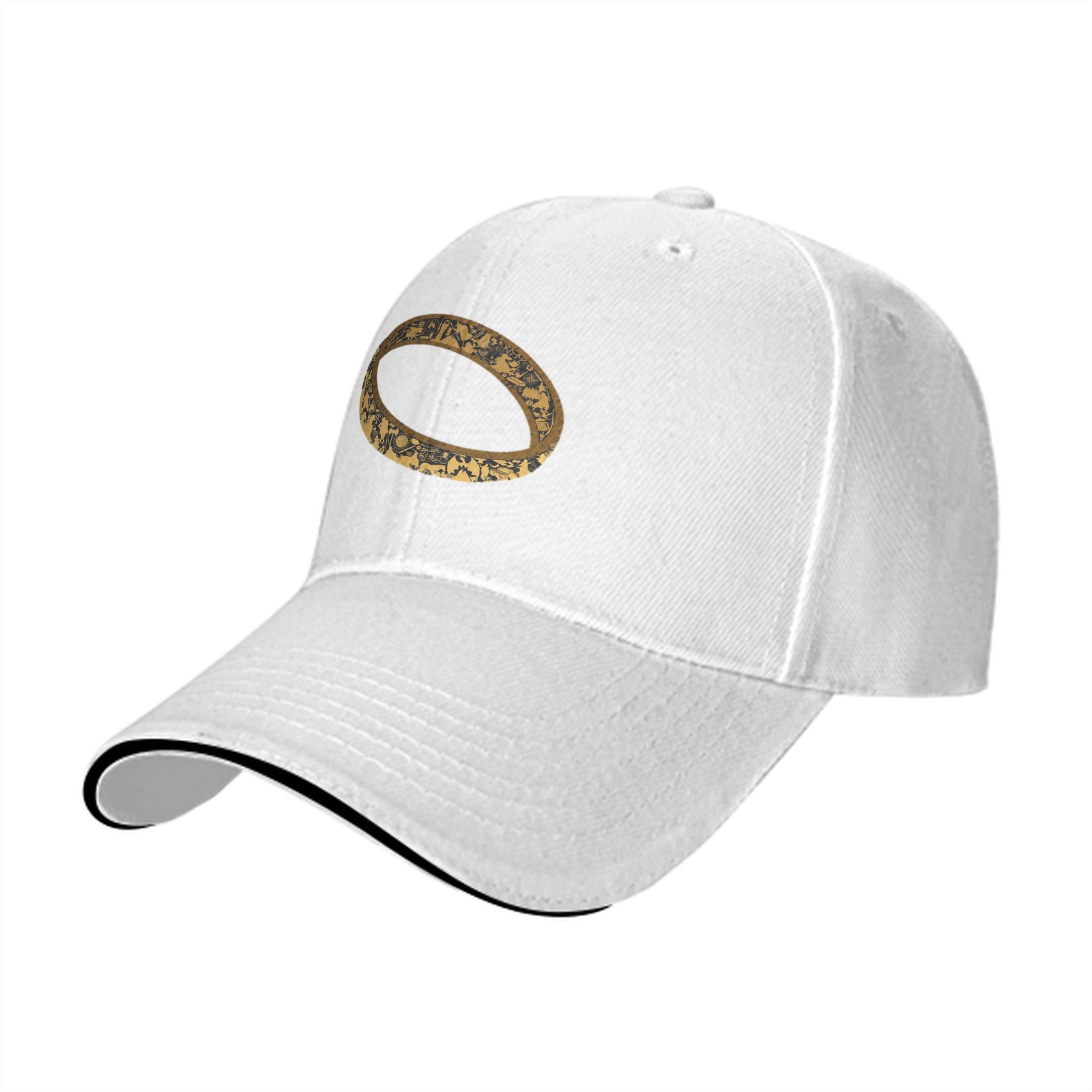 Black Baseball Cap with Distressed Gold Ring Graphic