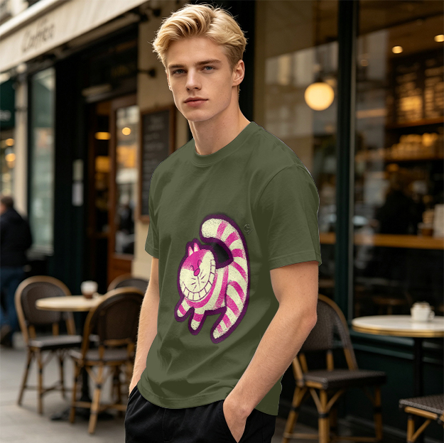 Olive T-Shirt with Cheshire Cat Graphic Print