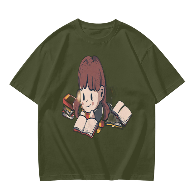 Olive T-shirt with Charming Girl Reading Books Graphic