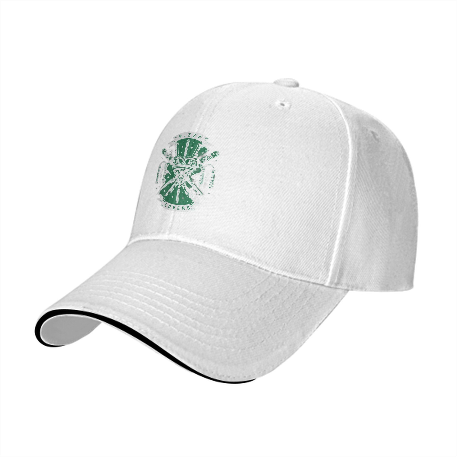 Black baseball cap with pizza lovers themed graphic print