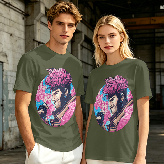 Olive T-Shirt With Pink Haired Superhero Character Art Print