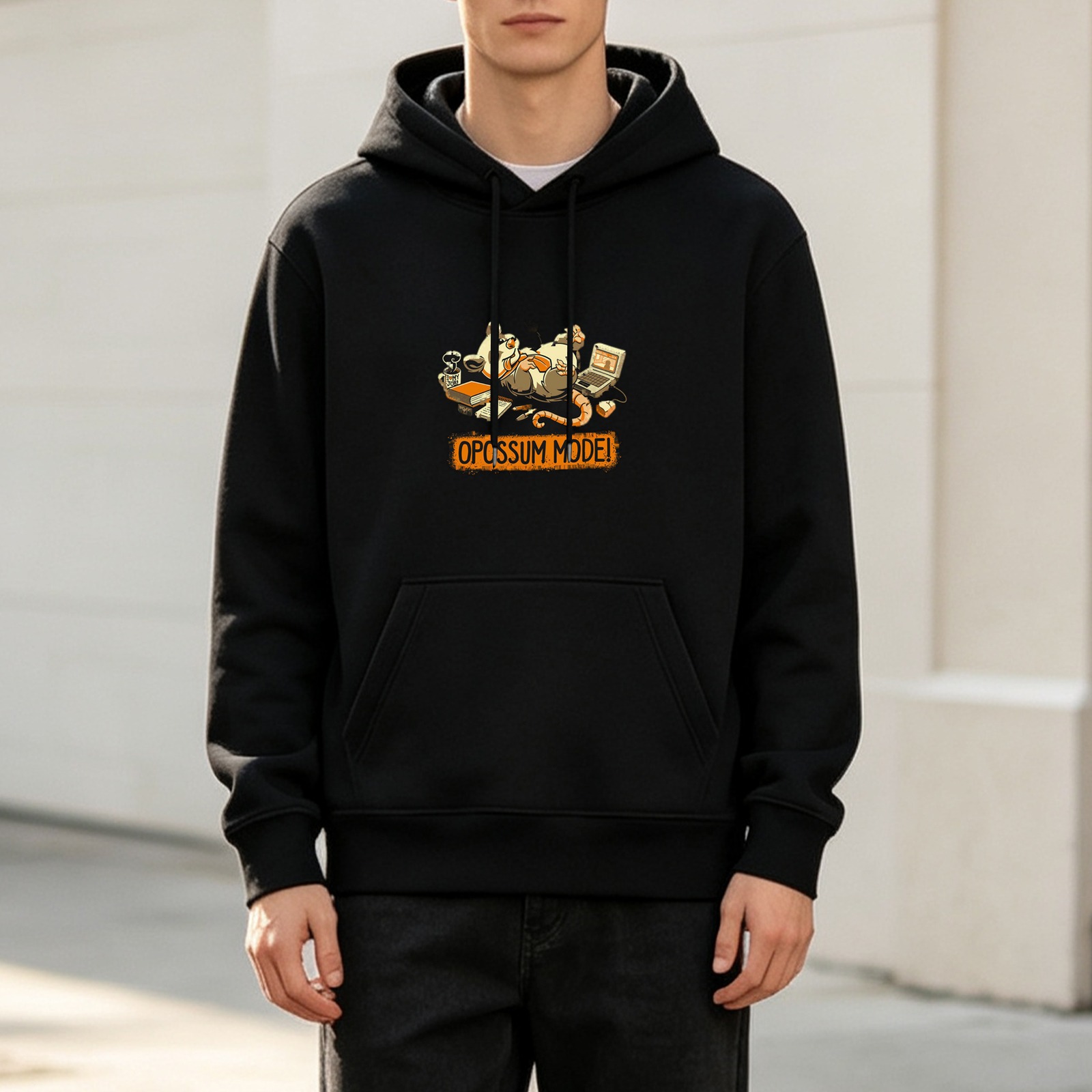 Black Hoodie with Opossum Mode Relaxed Graphic Print