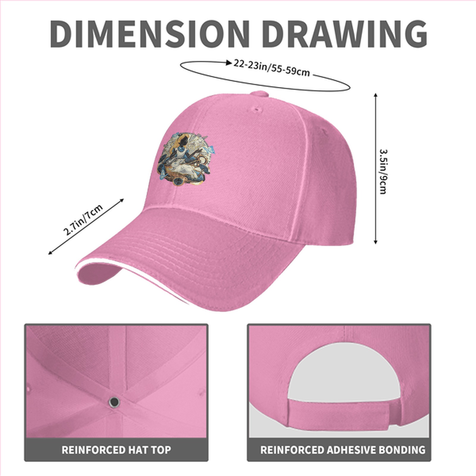 Black baseball cap with Alice in Wonderland themed graphic