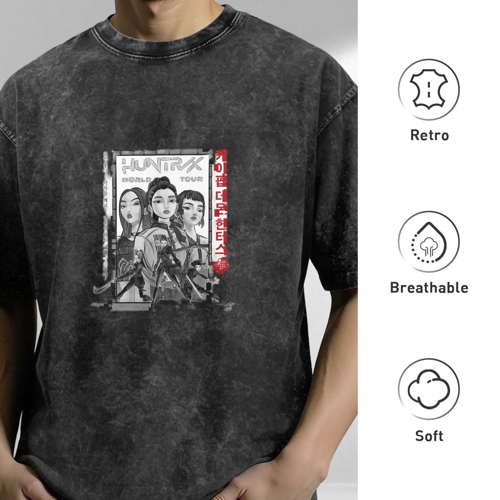 Oversized Black Acid Wash T-Shirt with Anime Girl Graphic Print