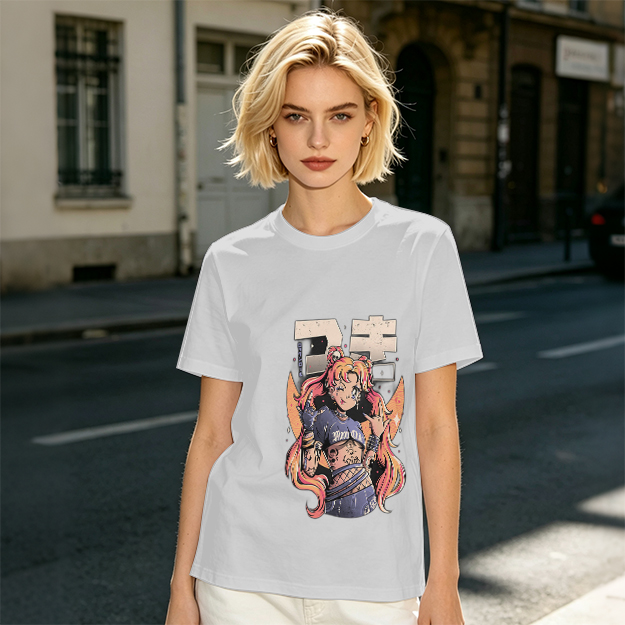 Olive Anime Girl Graphic Short Sleeve T-Shirt