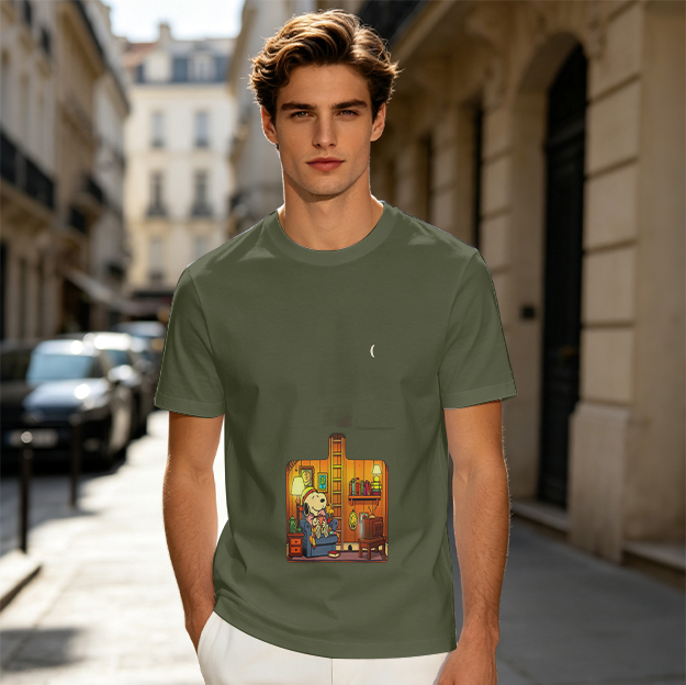 Olive T-Shirt With Cozy Dog In Room Graphic Print