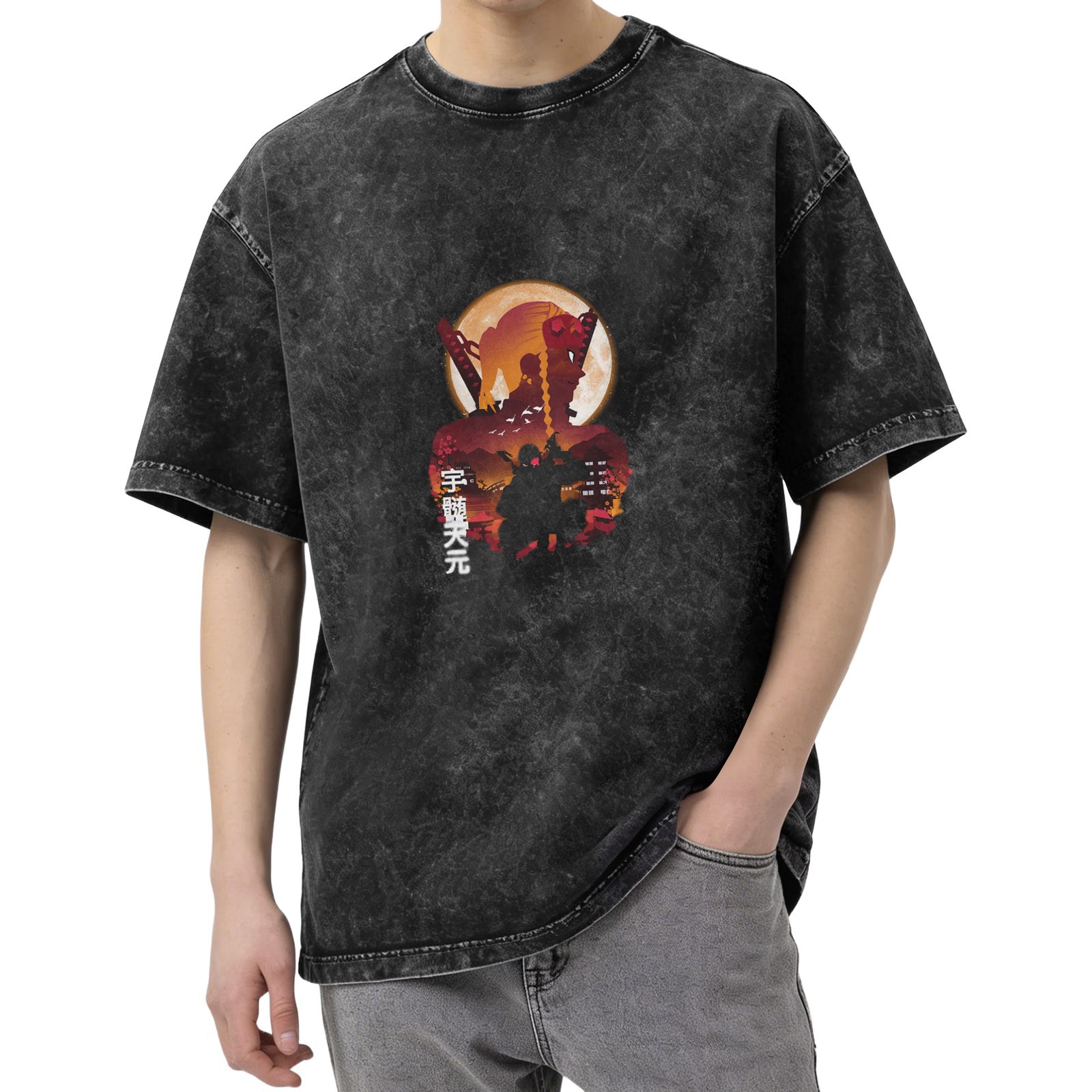 Demon Slayer: Kimetsu no Yaiba Umui Tengen themed distressed washed black short-sleeved T-shirt