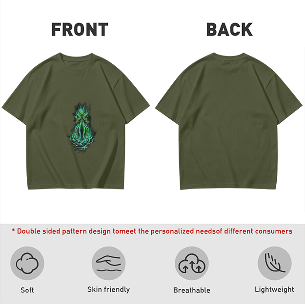 Olive Green T-Shirt With Glowing Cthulhu Monster Print