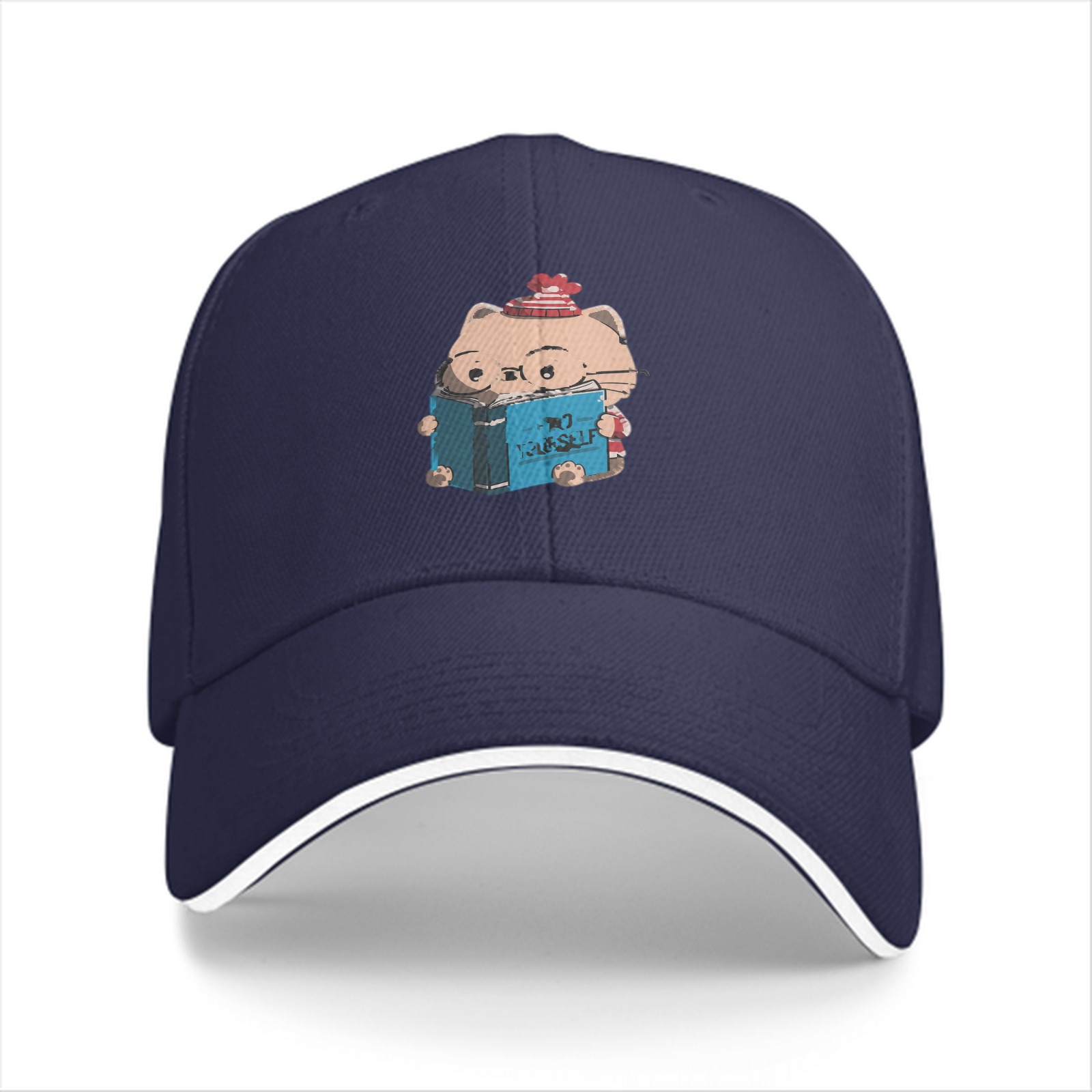 Black Baseball Cap With Cute Reading Cat Graphic
