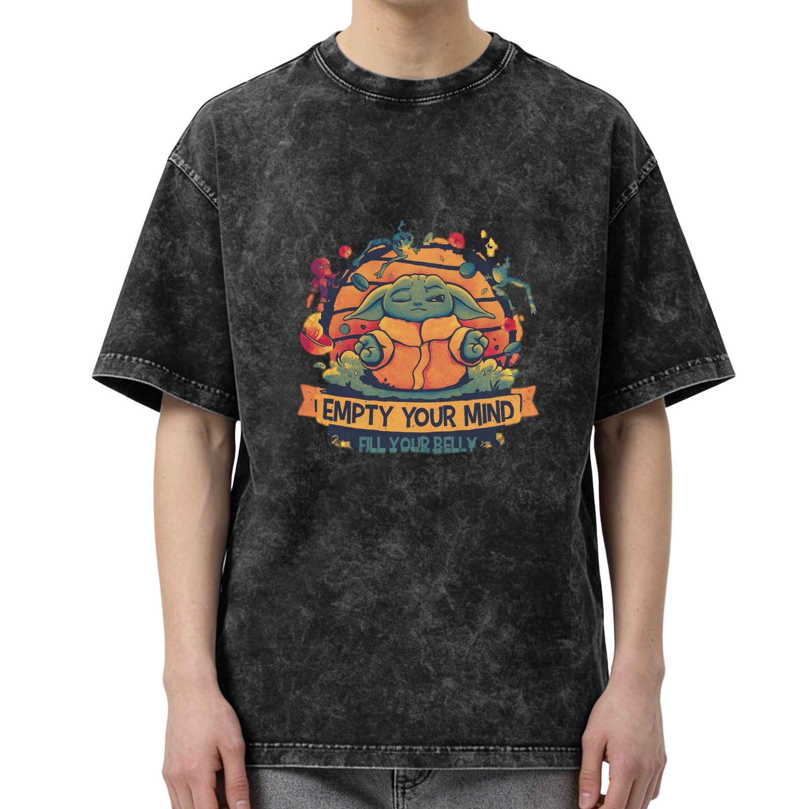 Baby Yoda Meditation 'Empty Your Mind Fill Your Belly' Acid Wash T-Shirt