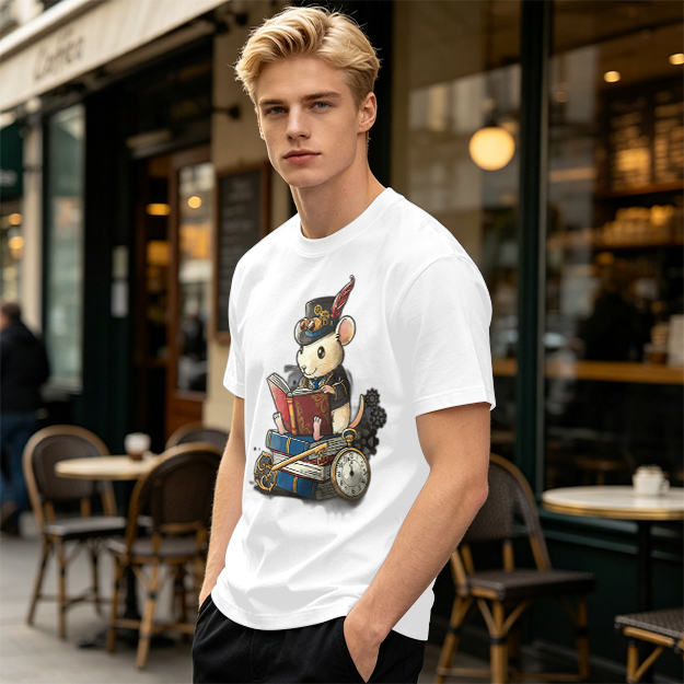Steampunk mouse reading book graphic olive green t-shirt