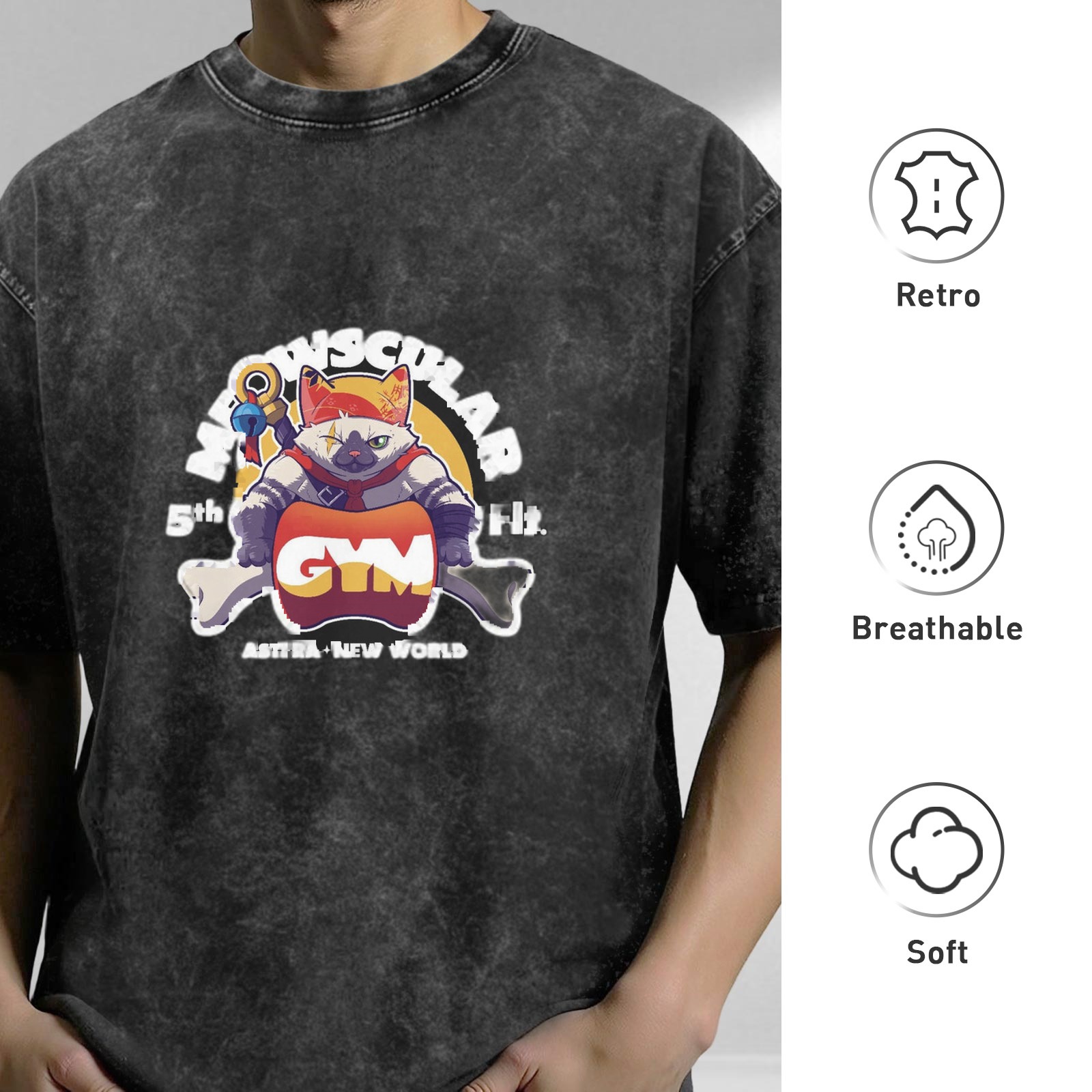 Oversized Vintage Wash T-Shirt with 'Meowscular Gym' Graphic Print
