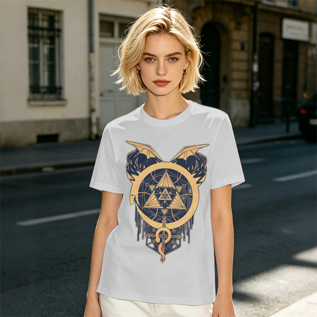 Olive T-Shirt with Occult Dragon Triangle Symbol Print