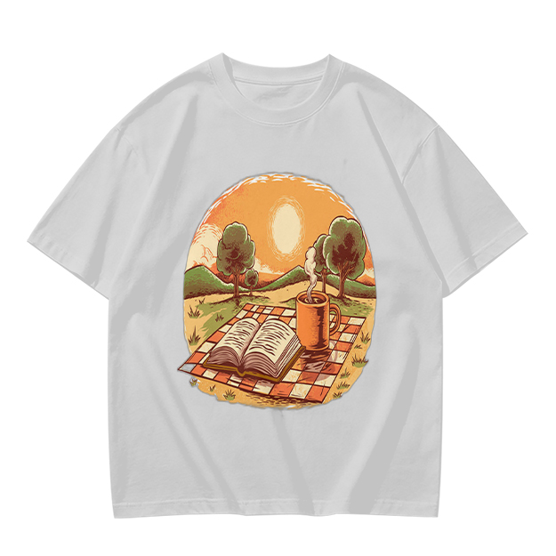 Olive T-Shirt with Sunset Picnic Book and Coffee Art