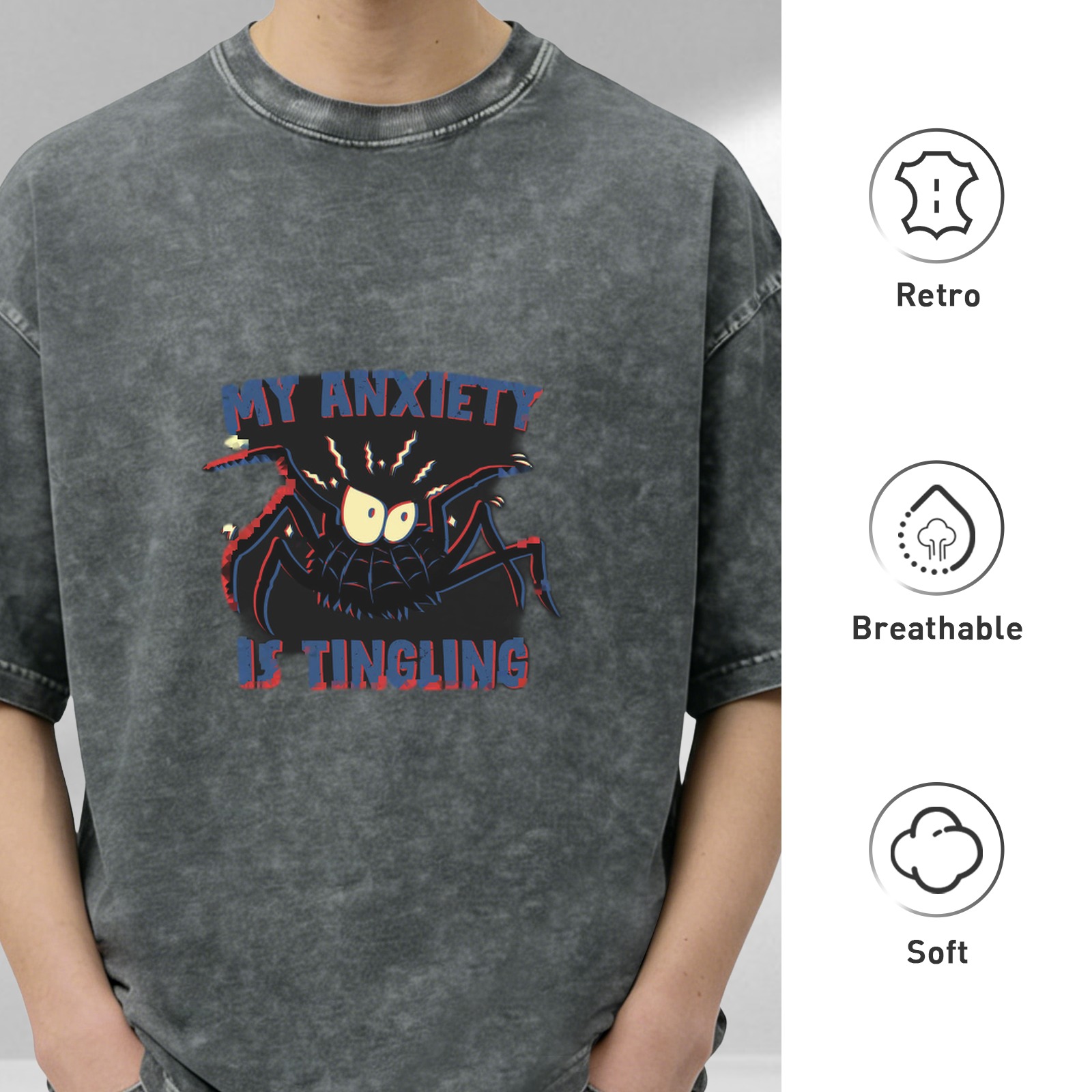 Washed black graphic t-shirt with 'My Anxiety Is Tingling' spider design