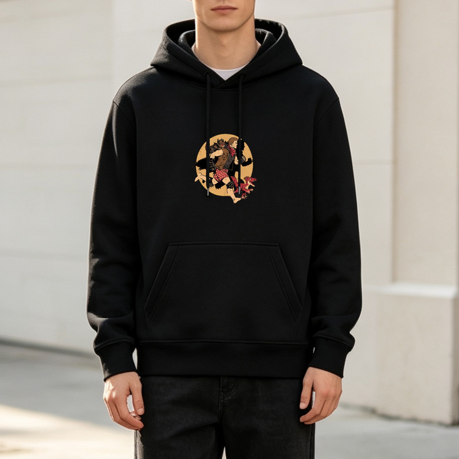 Black Hoodie With Running Fantasy Character Graphic Print