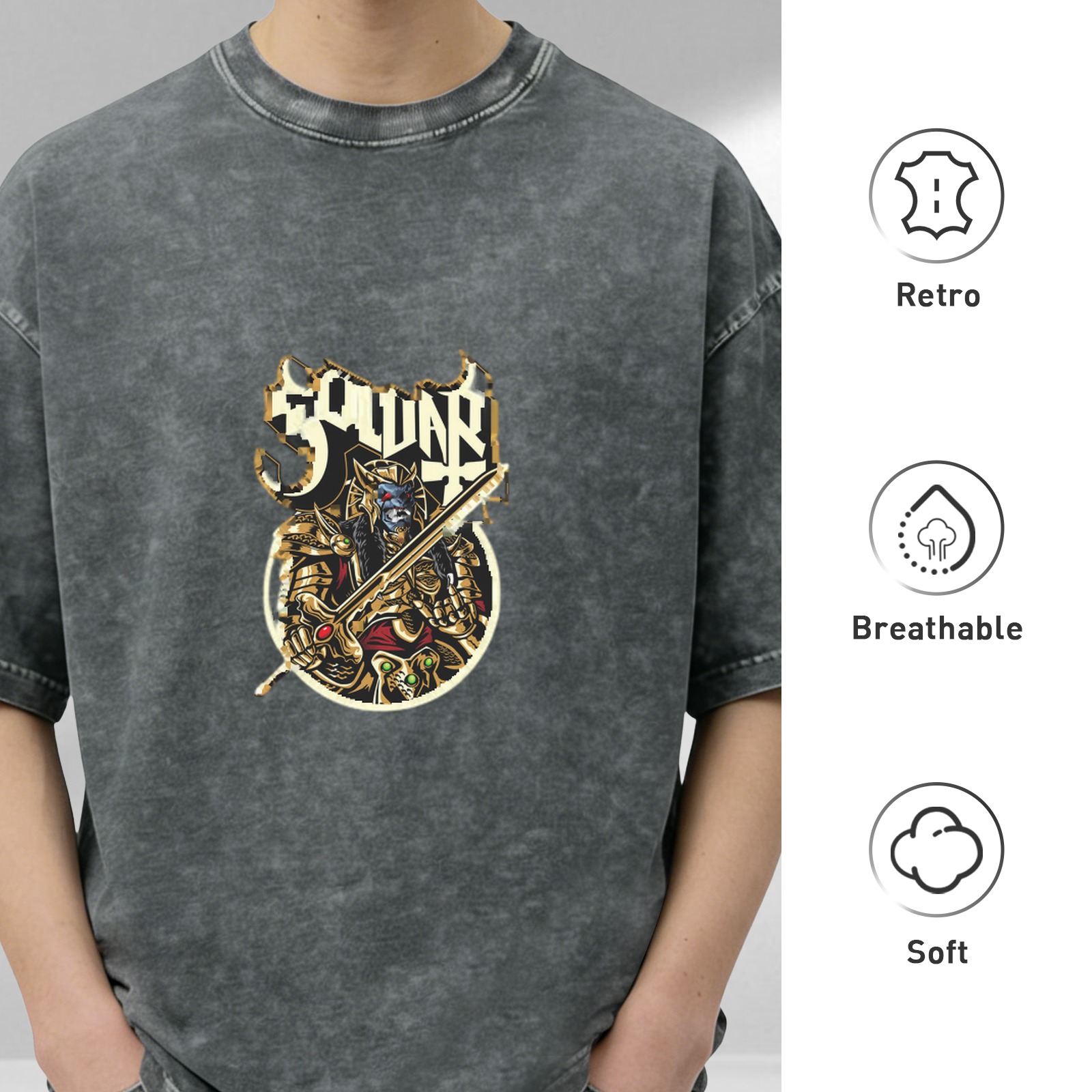 Oversized Acid Wash T-Shirt With Fantasy Warrior Graphic Print