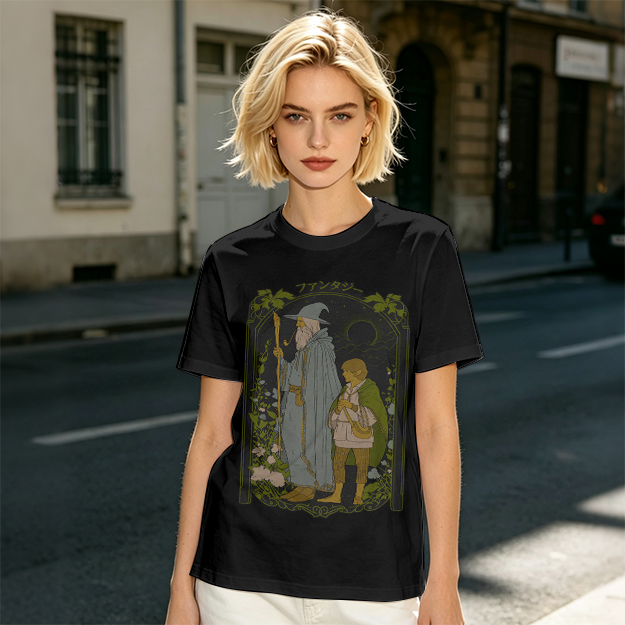 Olive T-Shirt with Wizard and Hobbit Fantasy Art Print