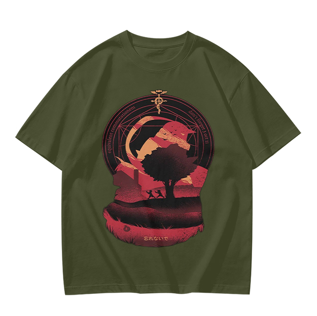 Olive t-shirt with Fullmetal Alchemist inspired sunset landscape print