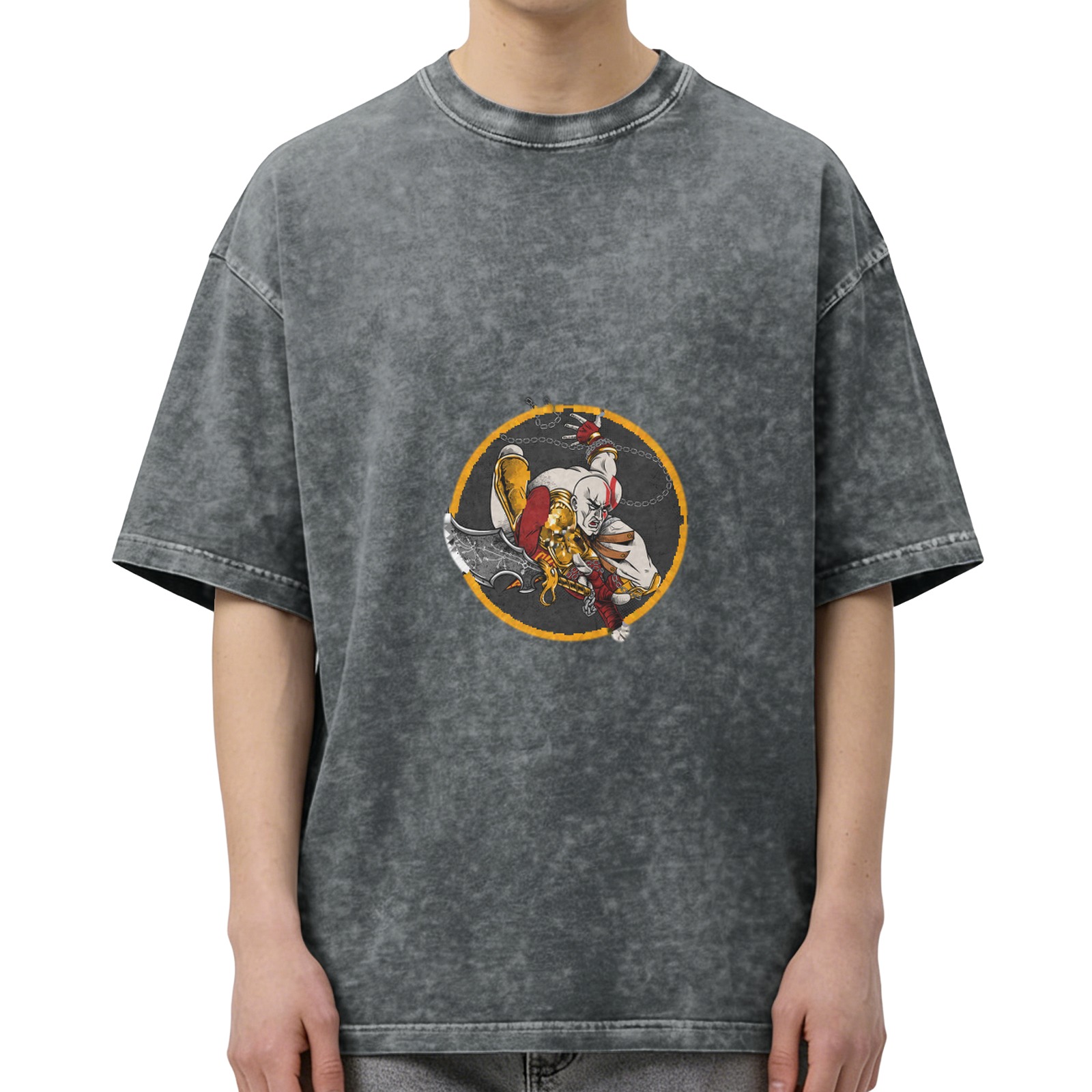 Washed Black Oversized T-Shirt With Kratos Graphic Print