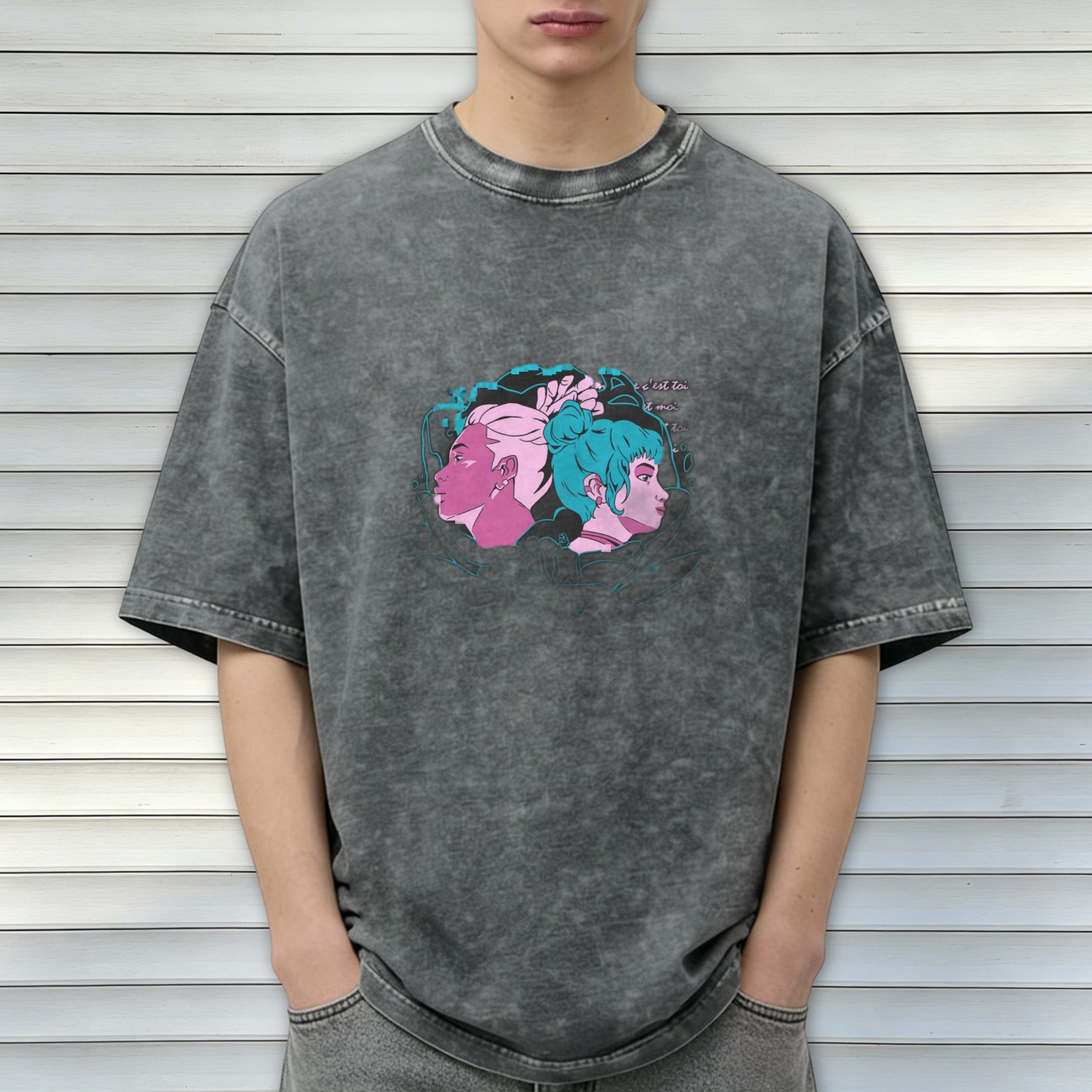 Oversized Acid Wash T-Shirt With Retro Anime Style Graphic Print