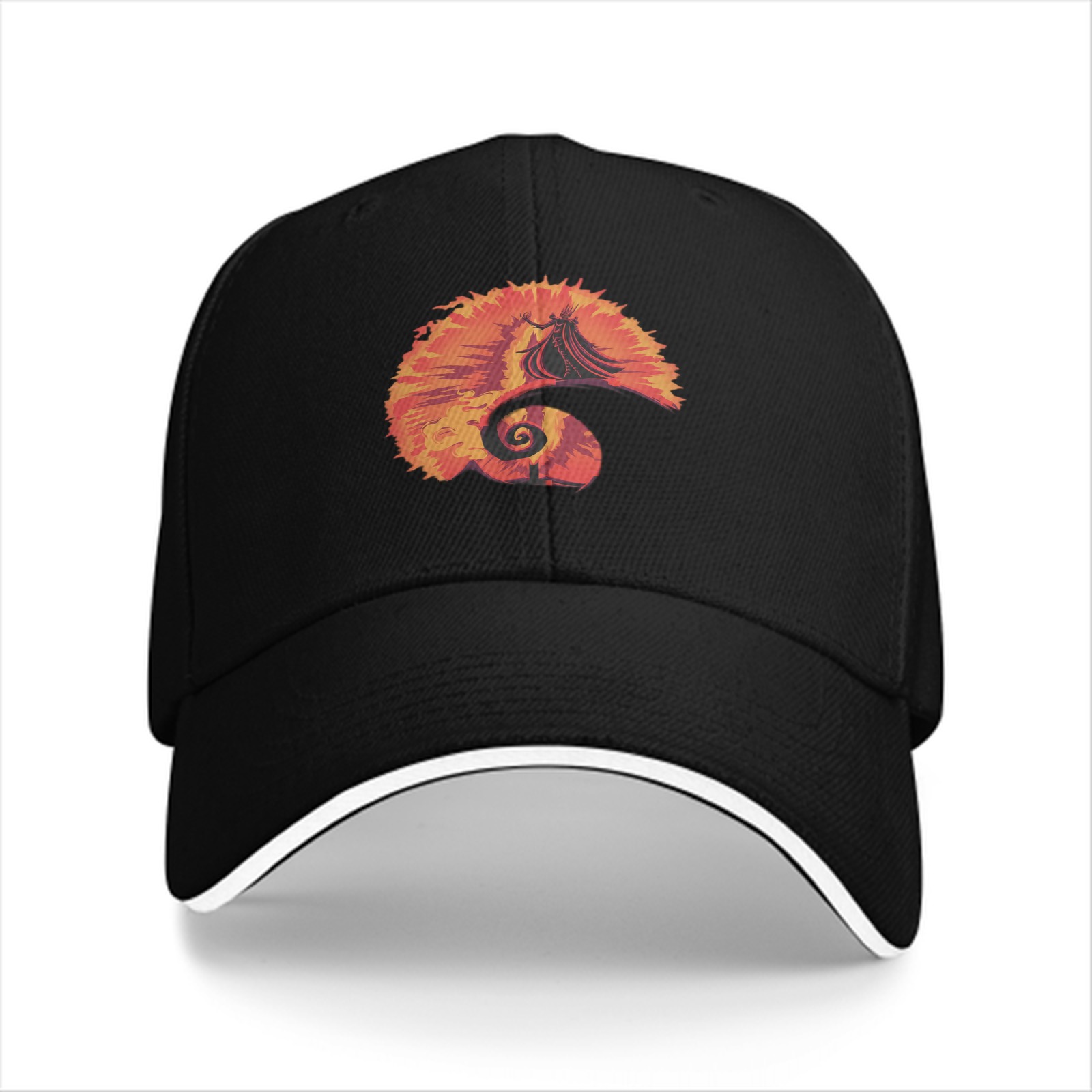 Black baseball cap with fiery spiral silhouette graphic