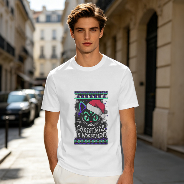 Christmas In Wonderland Cheshire Cat Santa Hat Graphic T-Shirt