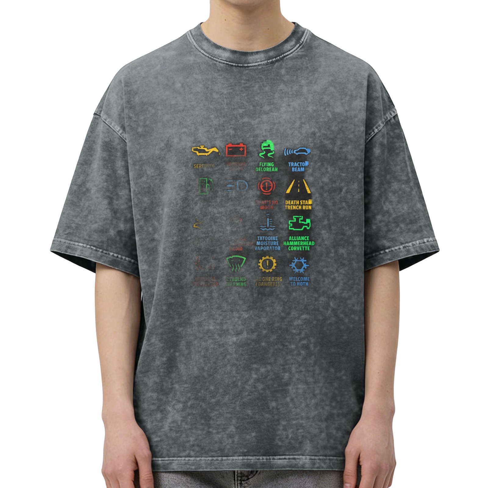 Star Wars Car Dashboard Warning Icons Graphic Acid Wash T-Shirt