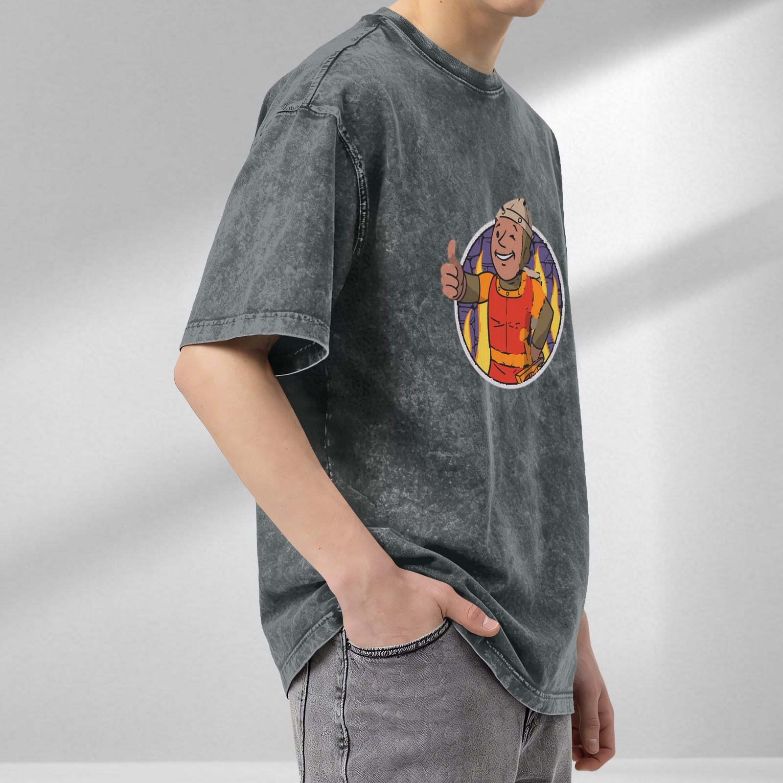 acid wash black t-shirt with cartoon fireman giving thumbs up graphic