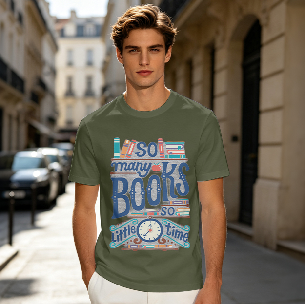 Olive t-shirt with 'So many books so little time' book-themed print