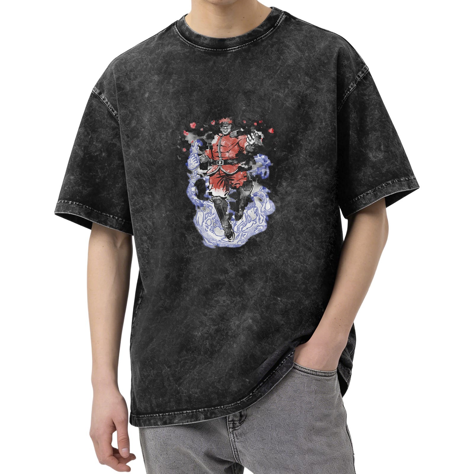 Oversized faded black t-shirt with anime villain graphic print