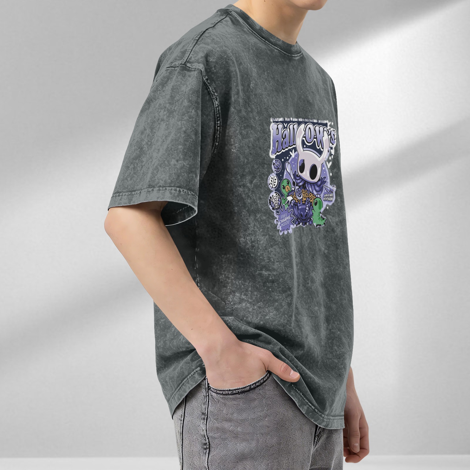 Hollow Knight themed washed distressed short-sleeved T-shirt dark style loose casual top
