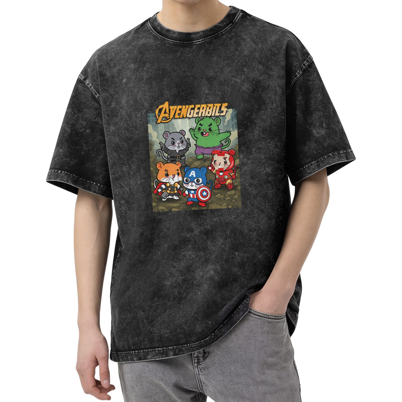 Avengerbils Hamster Superhero Graphic Acid Wash T-Shirt
