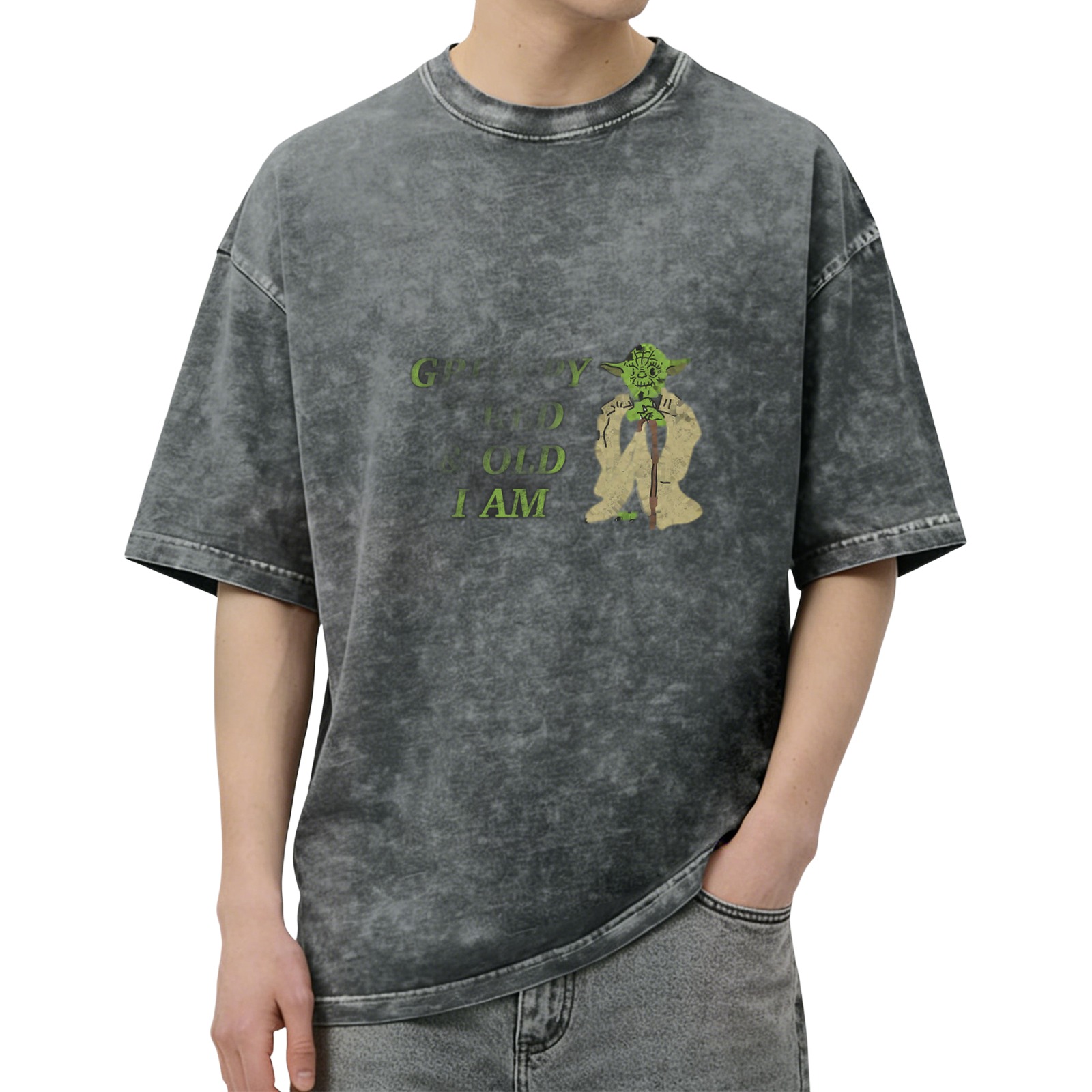 Worn black acid wash t-shirt with Yoda 'Grow Old I Am' print