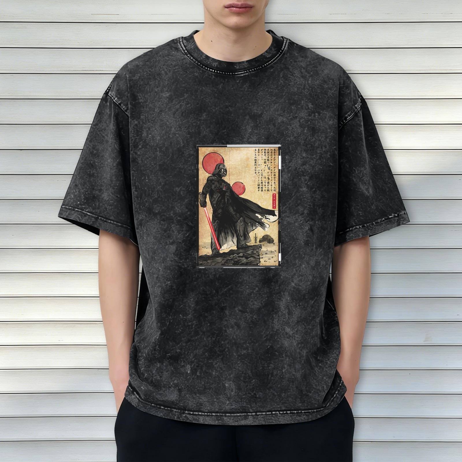 Distressed washed black loose short-sleeved T-shirt Japanese Ukiyo-e style Darth Vader pattern printed top