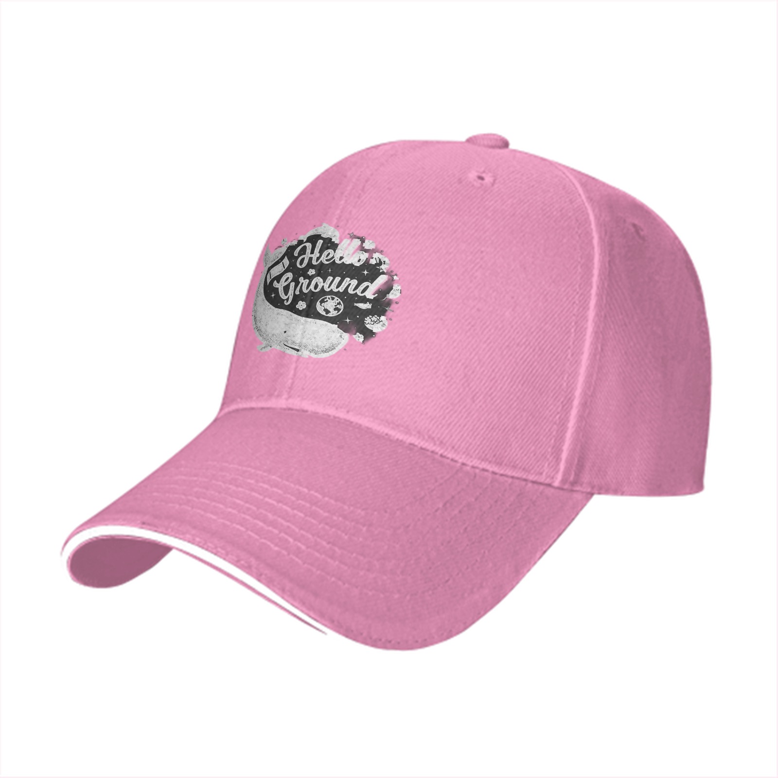 Black baseball cap with Hello Ground whale graphic print