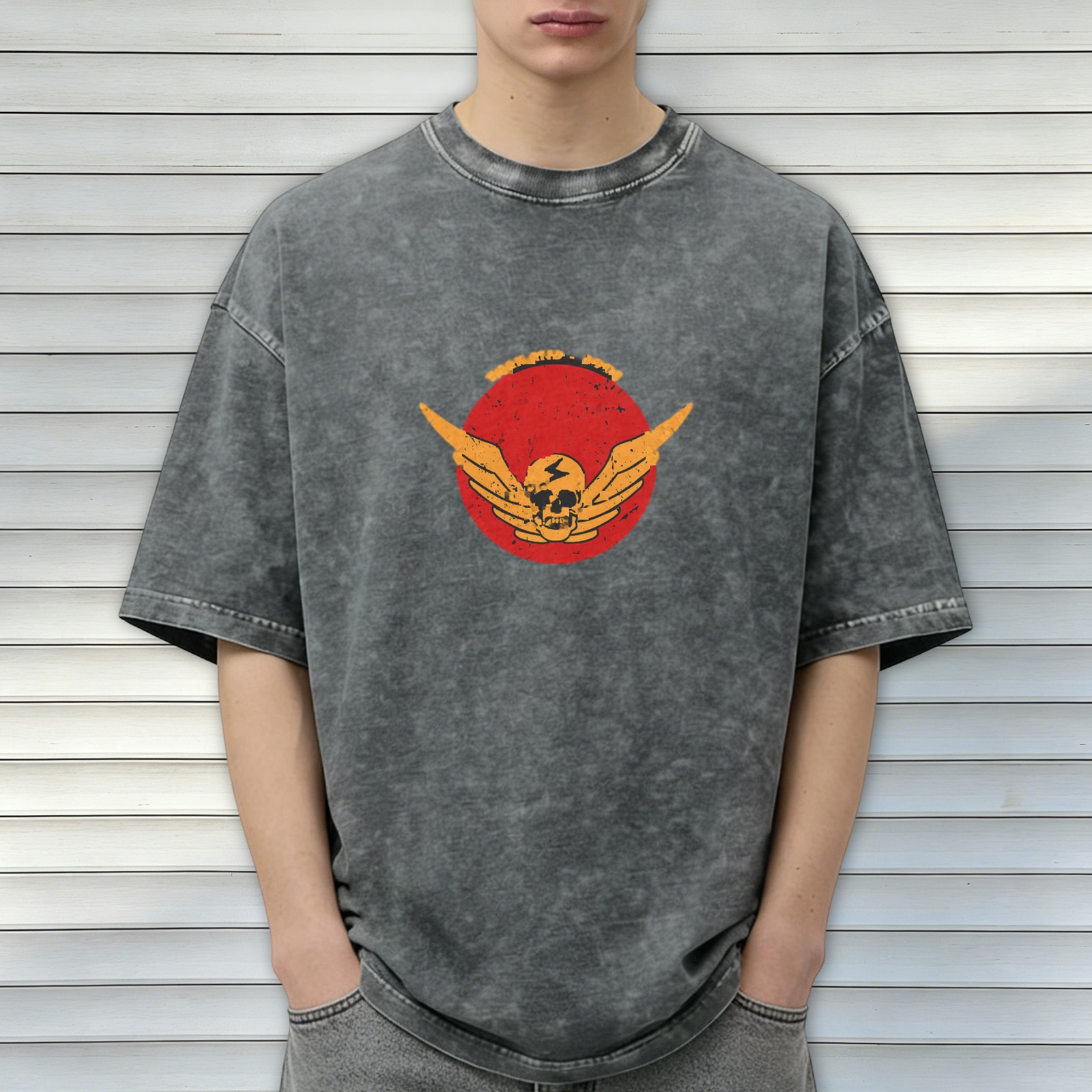 Washed Black Graphic T-Shirt with Winged Skull Red Circle Design