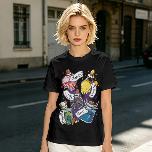 Olive T-Shirt With Magical Potion Bottles Graphic Design