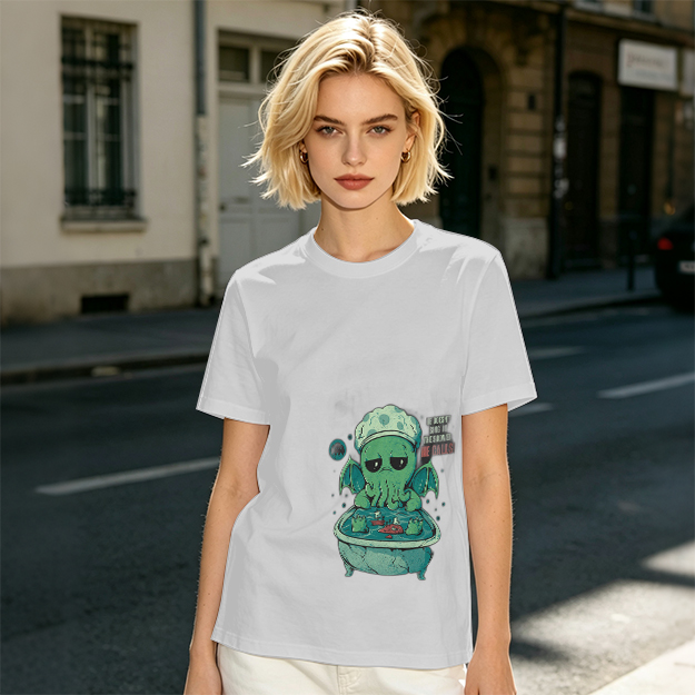 Olive T-shirt with Cute Sad Cthulhu Bathing Graphic