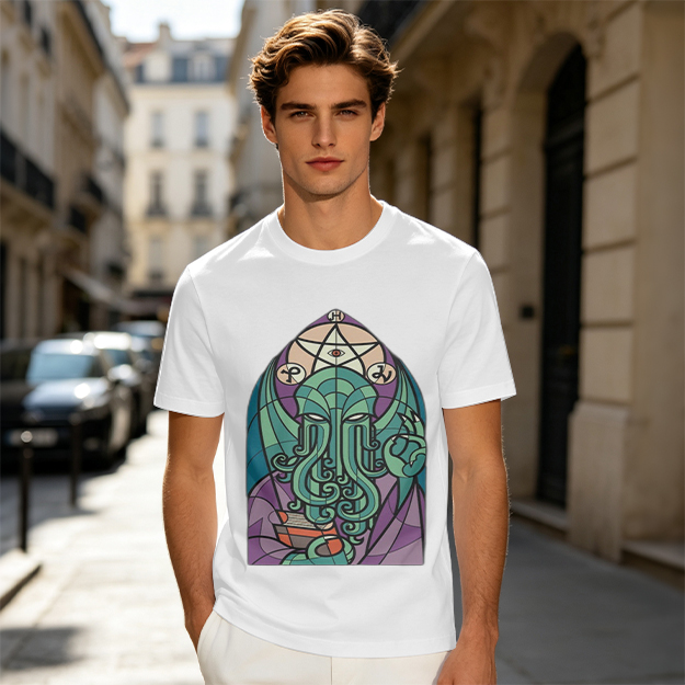 Olive T-Shirt with Stained Glass Style Cthulhu Occult Print