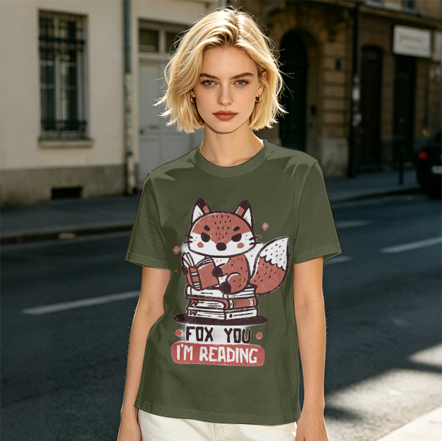Olive T-Shirt with Cute Fox Reading Book Pun Print