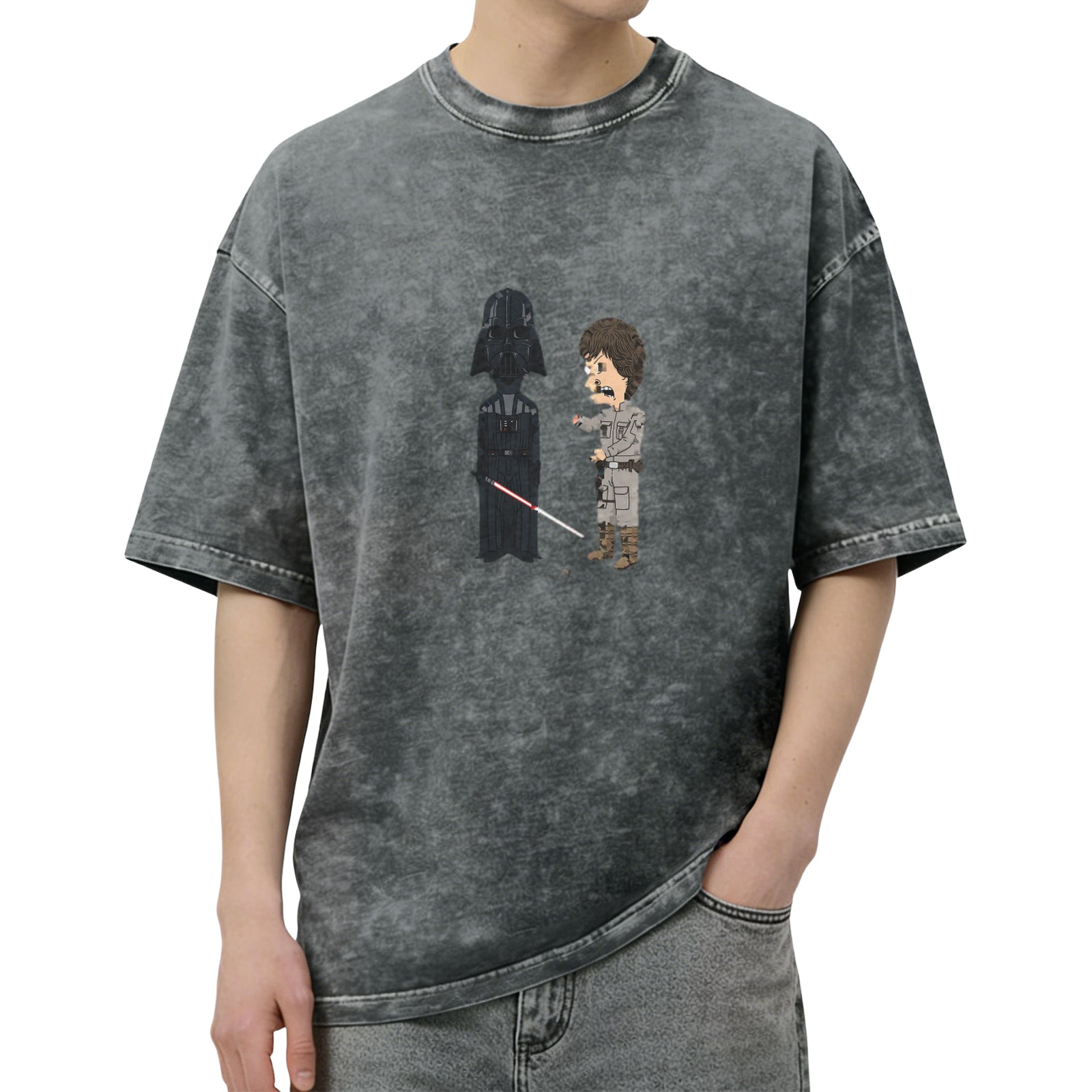 Washed Black T-Shirt with Cartoon Star Wars Darth Vader and Luke Design