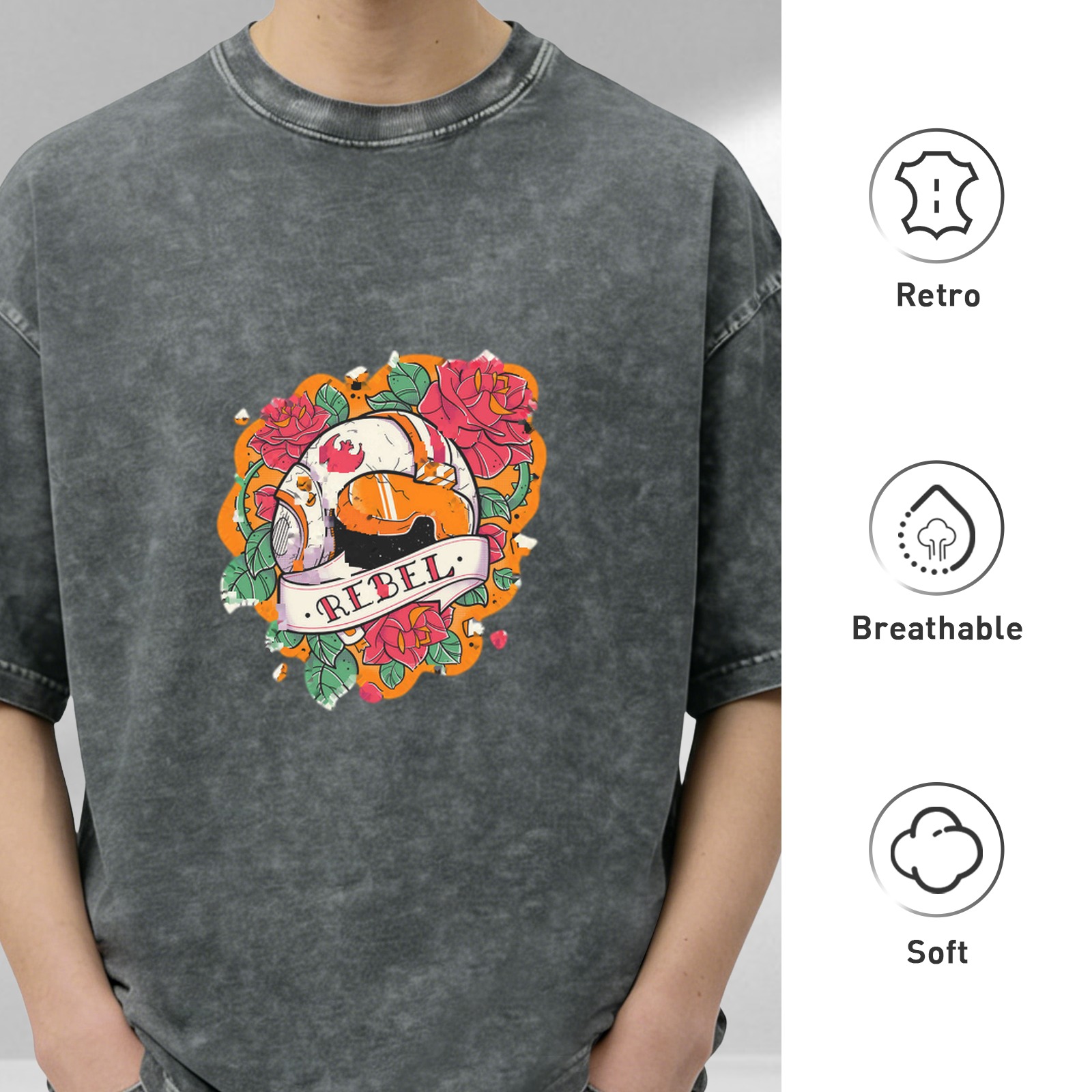 Washed Black Rebel Droid Rose Graphic T-Shirt