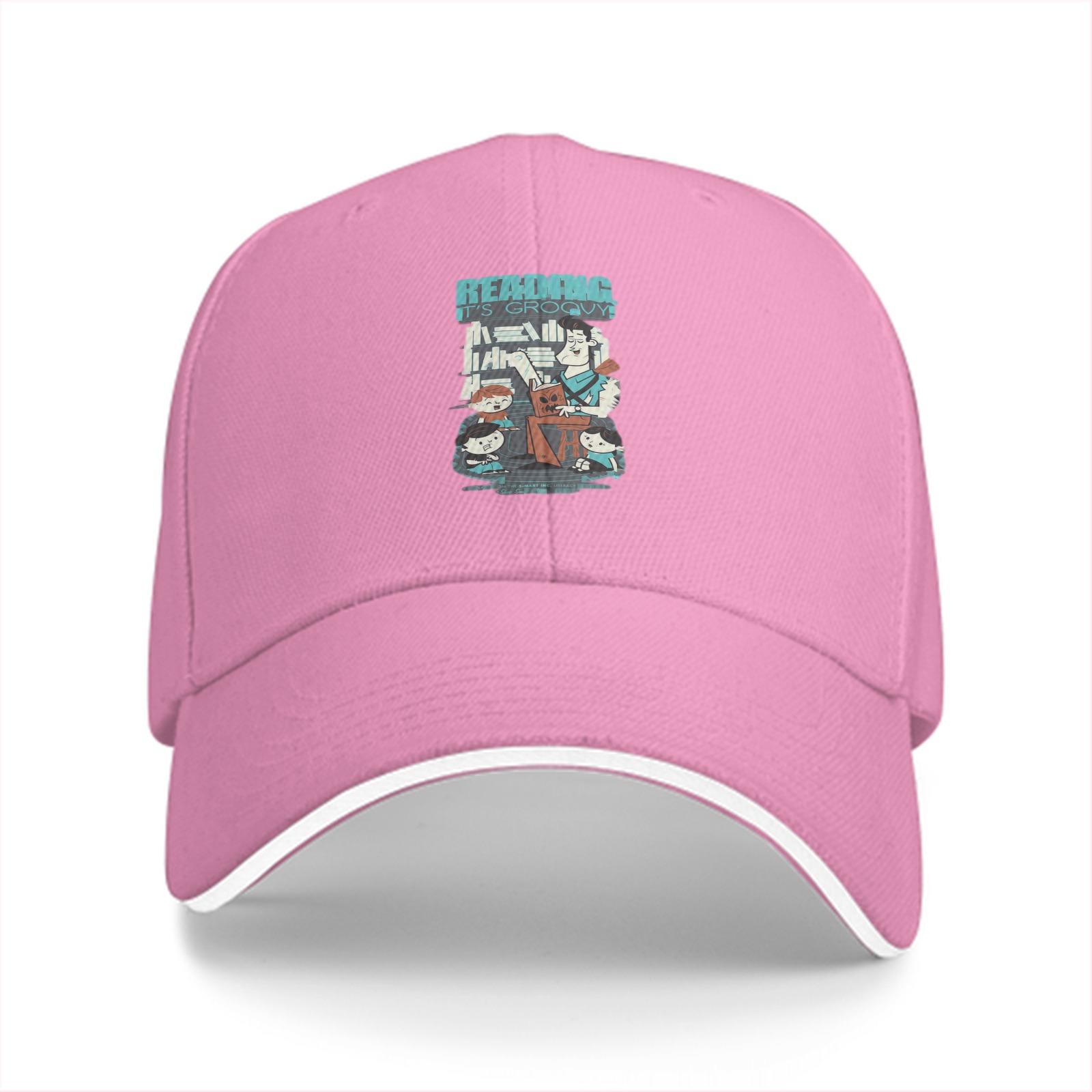 Black baseball cap with retro reading themed graphic print
