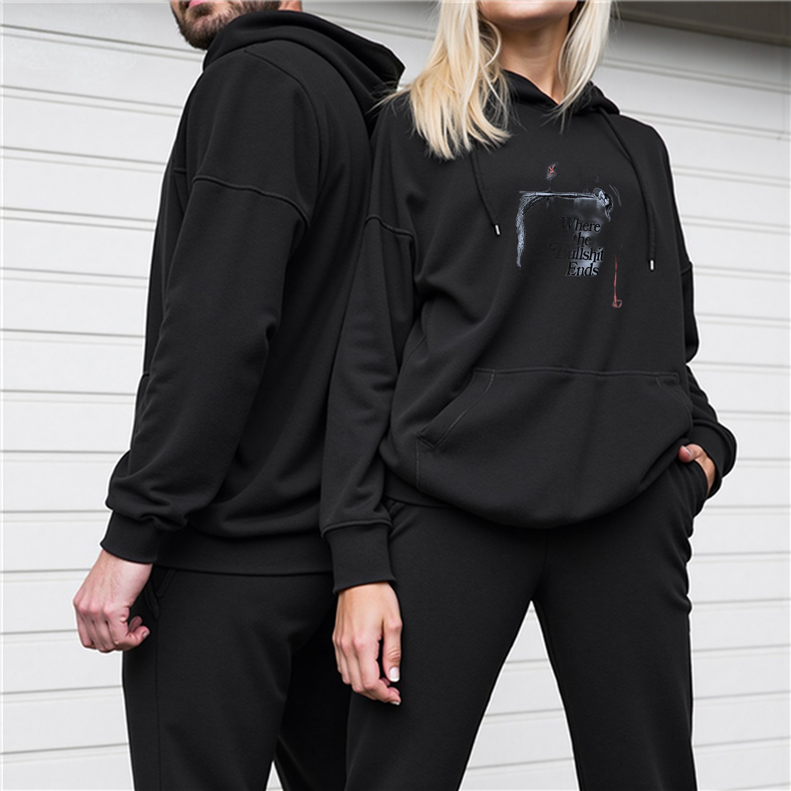 Black graphic hoodie with grim reaper and text print