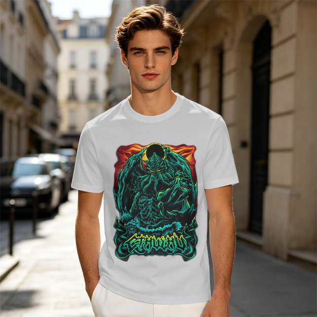 Olive Green T-Shirt With Dark Fantasy Monster Graphic Print
