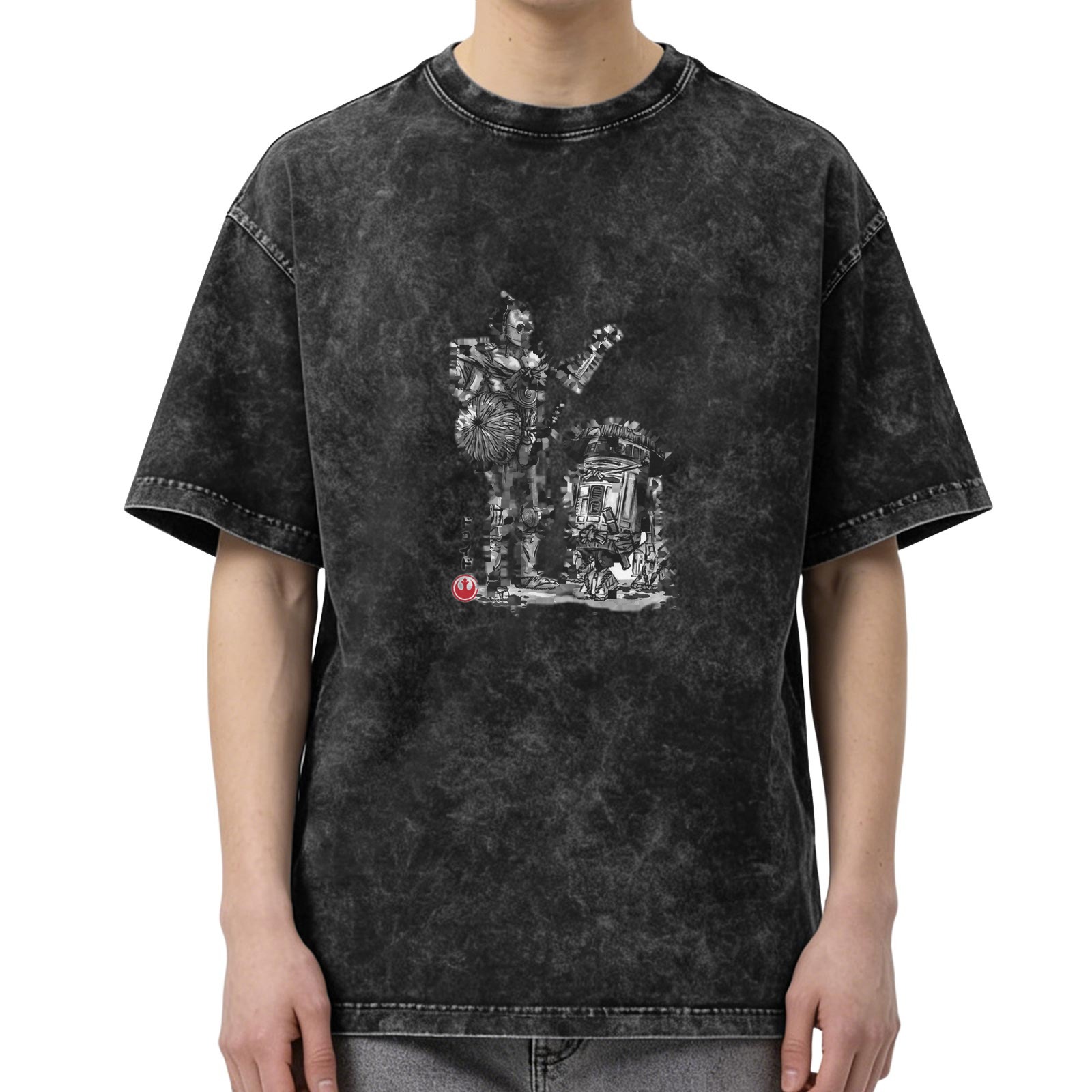 Distressed black and gray printed short-sleeved T-shirt Star Wars themed robot pattern casual top