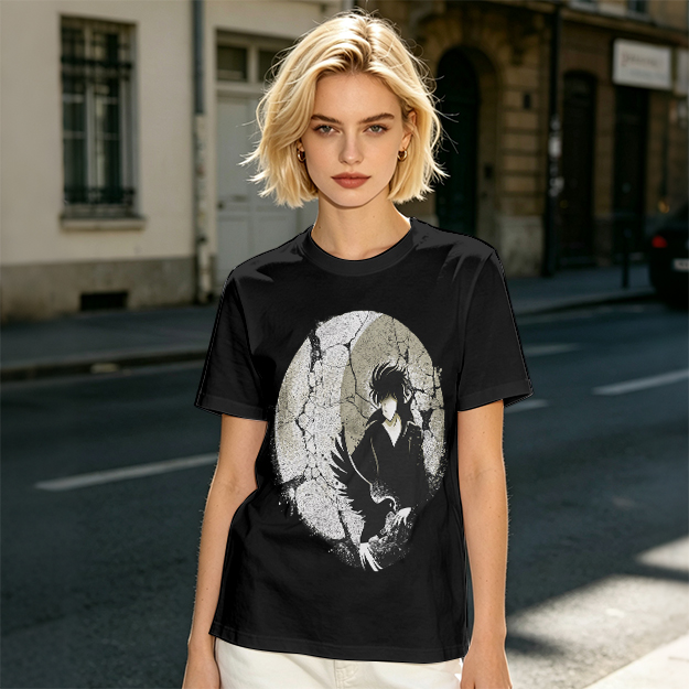 Olive T-shirt with Dark Anime Character and Raven Print